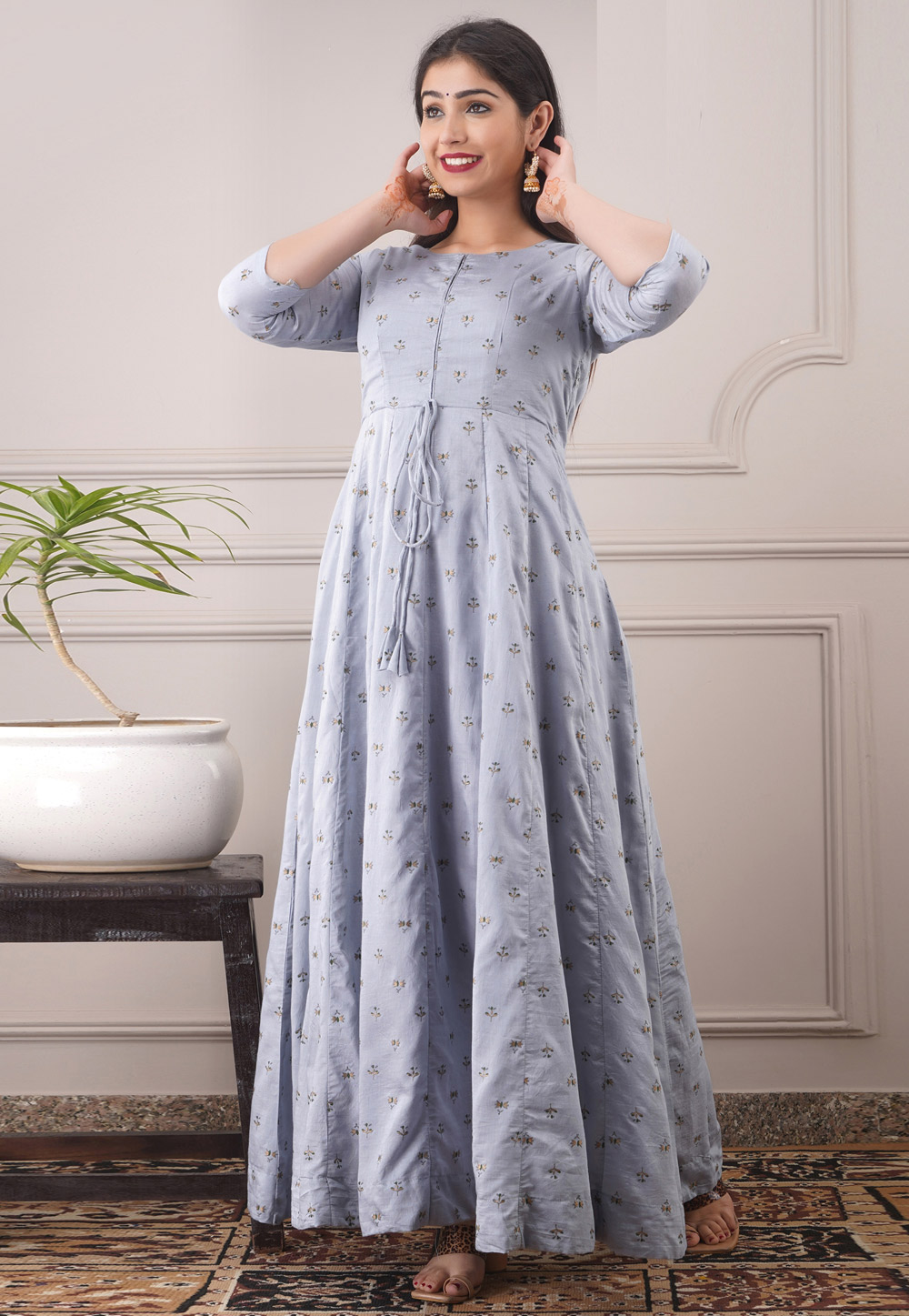 Grey Chanderi Readymade Gown 213180
