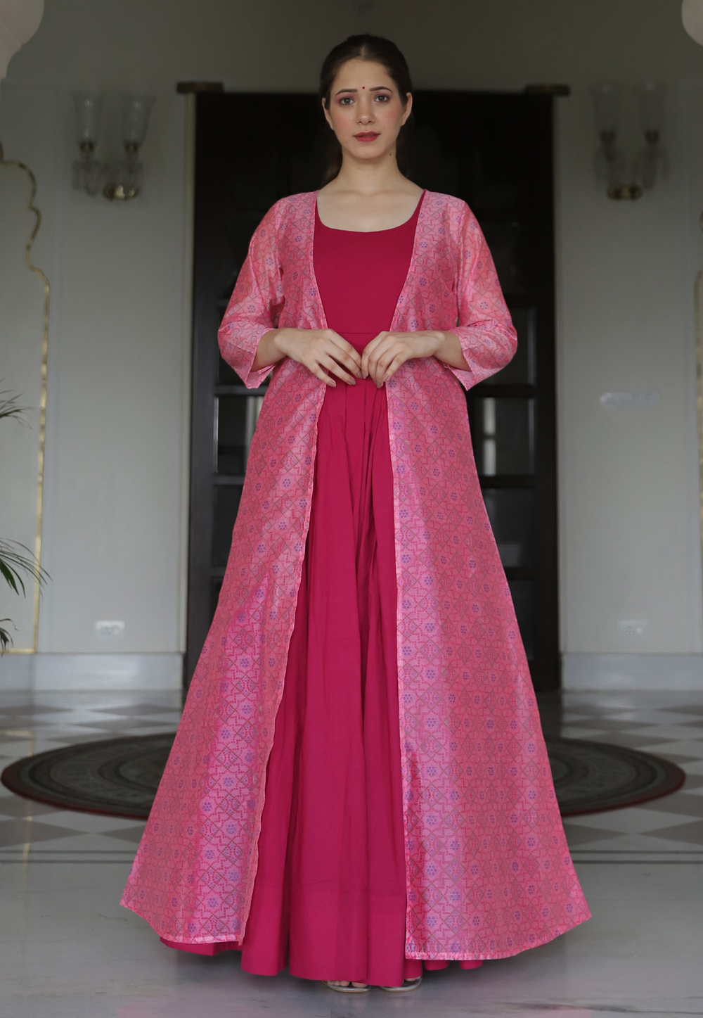 Magenta Muslin Gown With Printed Jacket 219340