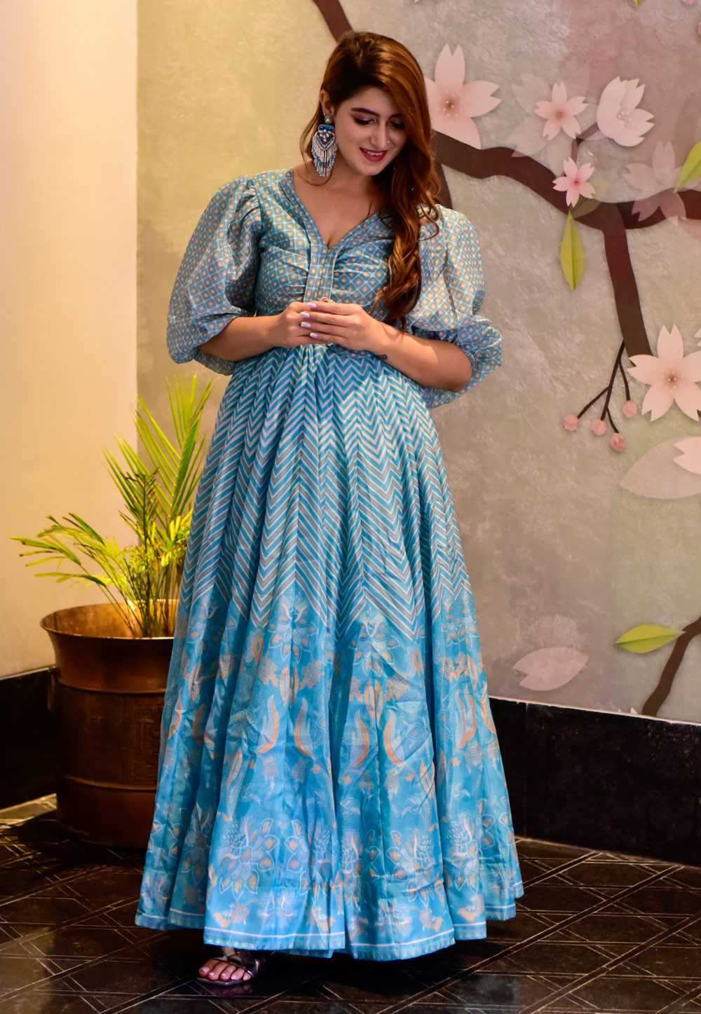 Sky Blue Muslin Printed Gown 244683