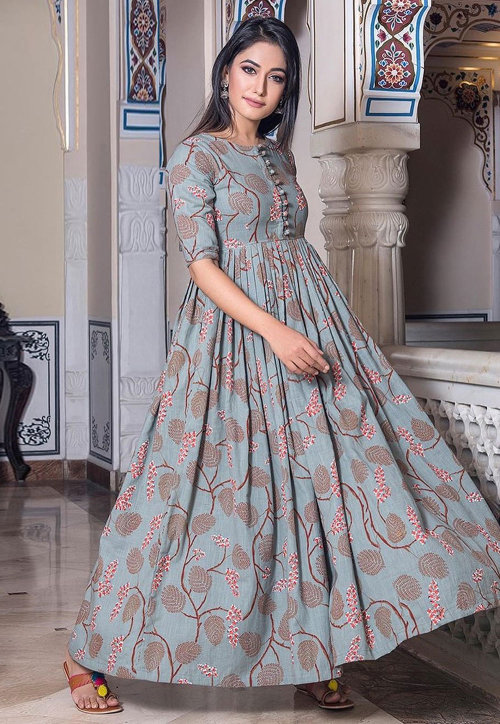 Grey Muslin Readymade Printed Gown 181139