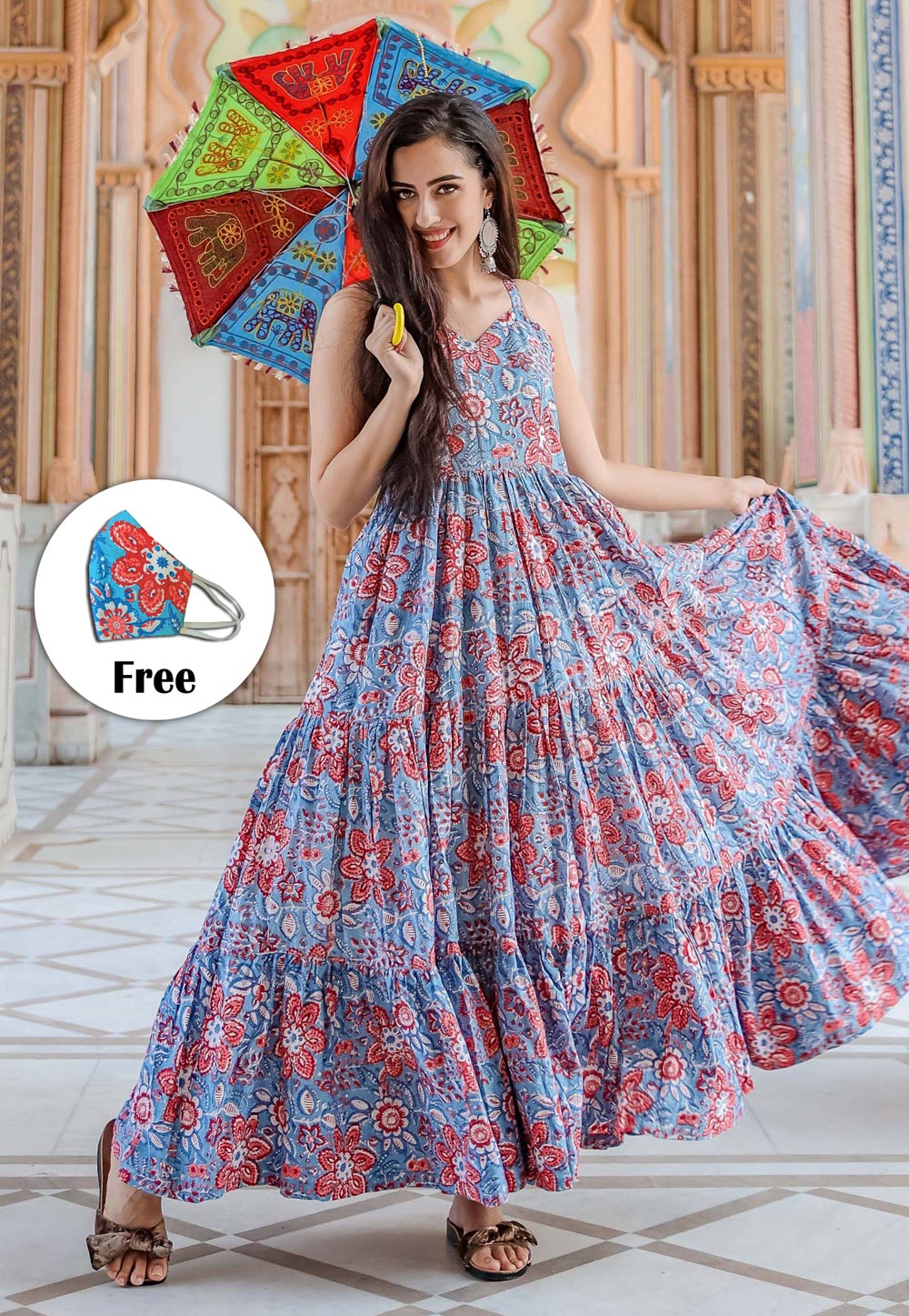 Sky Blue Muslin Readymade Printed Gown 202000