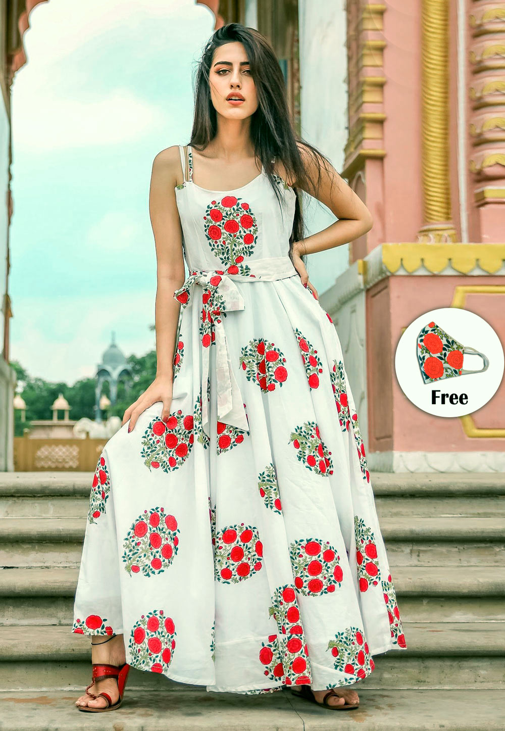 White Muslin Readymade Printed Gown 202002