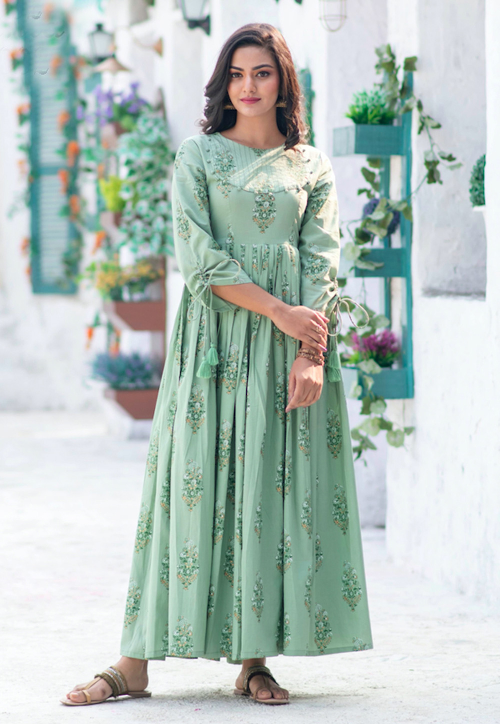 Sea Green Muslin Readymade Printed Gown 209184
