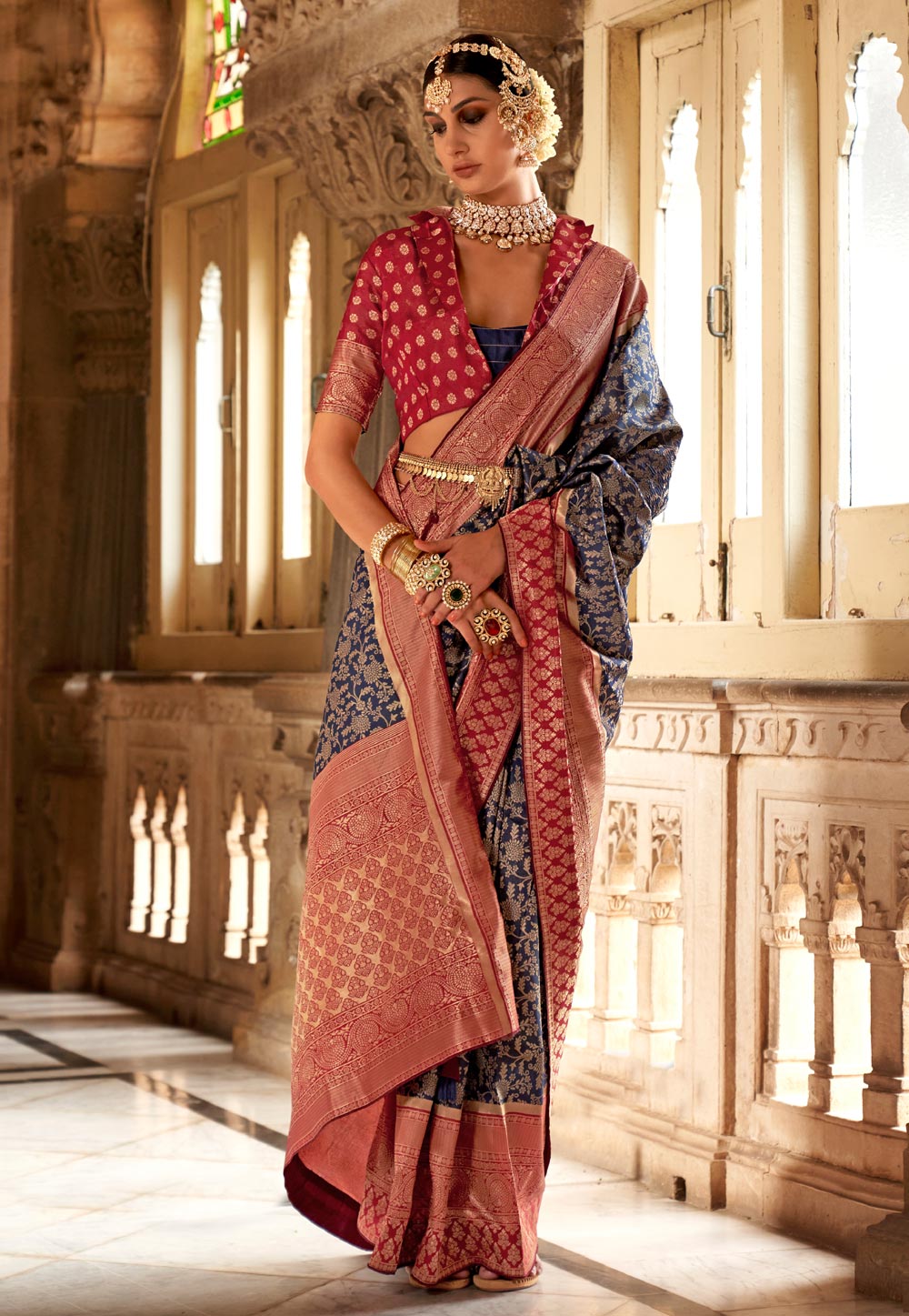 Navy Blue Silk Saree With Blouse 274886