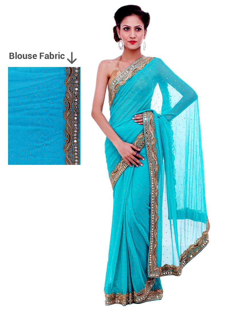 Sky Blue Georgette Mirror Work Saree 91425