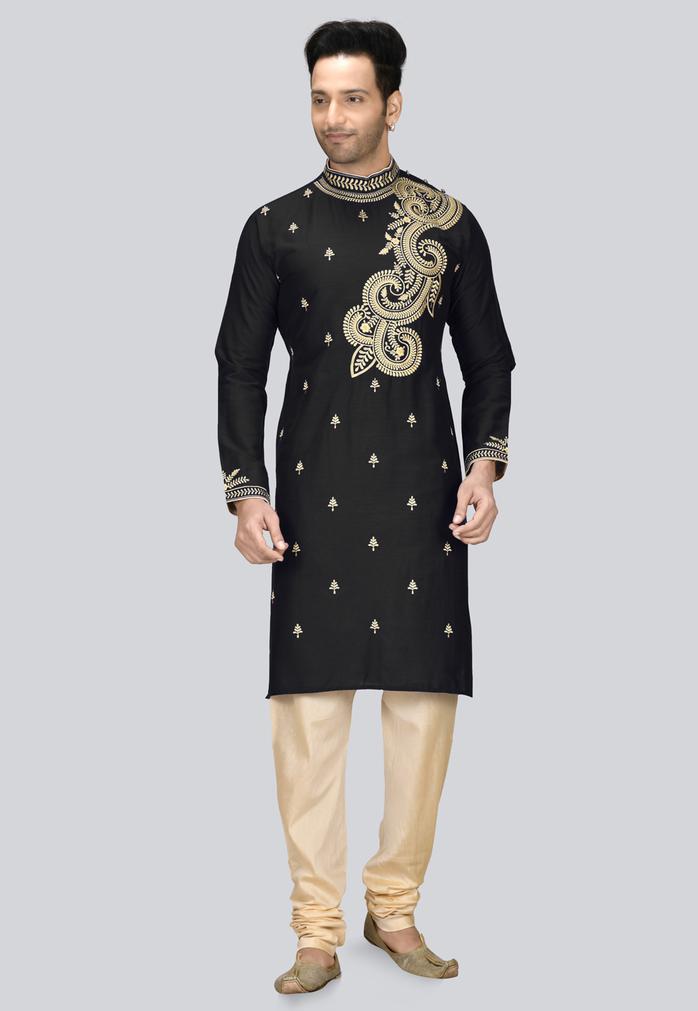 Black Dupion Silk Kurta Pajama 236450
