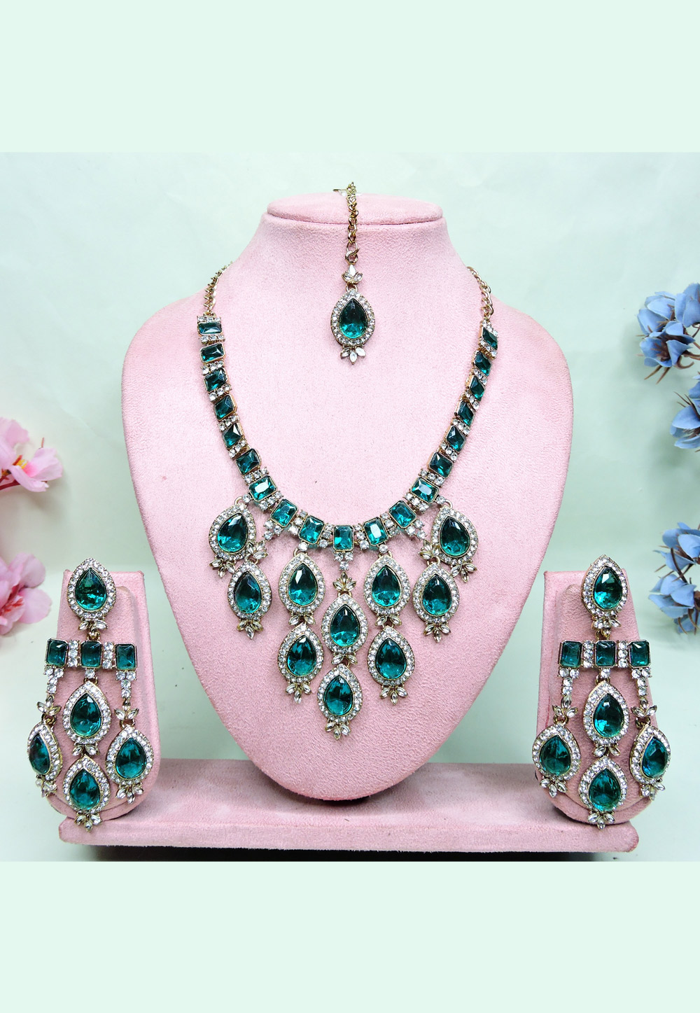 Teal Alloy Necklace Set With Earrings and Maang Tikka 312390