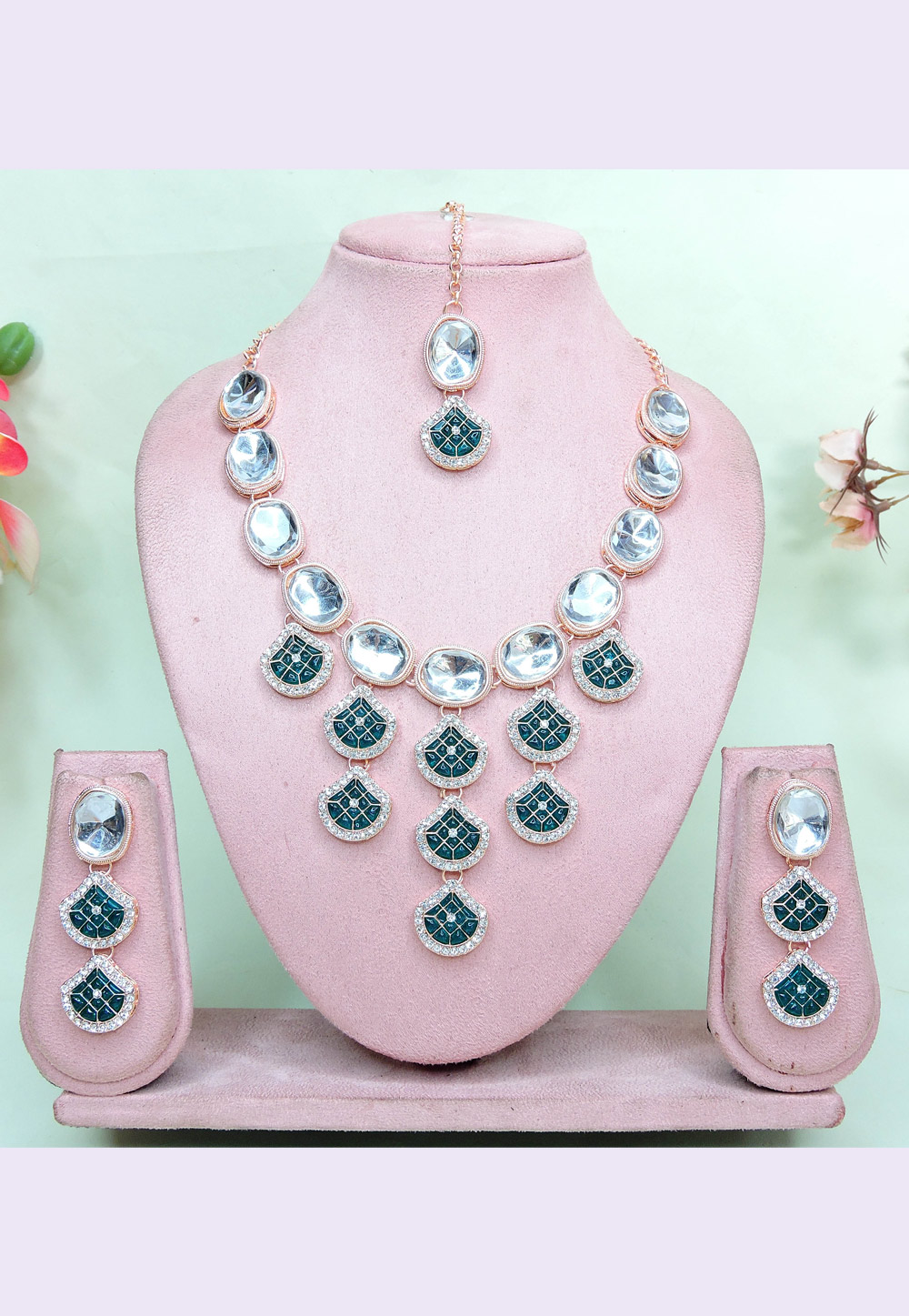 Teal Alloy Necklace Set With Earrings and Maang Tikka 312440