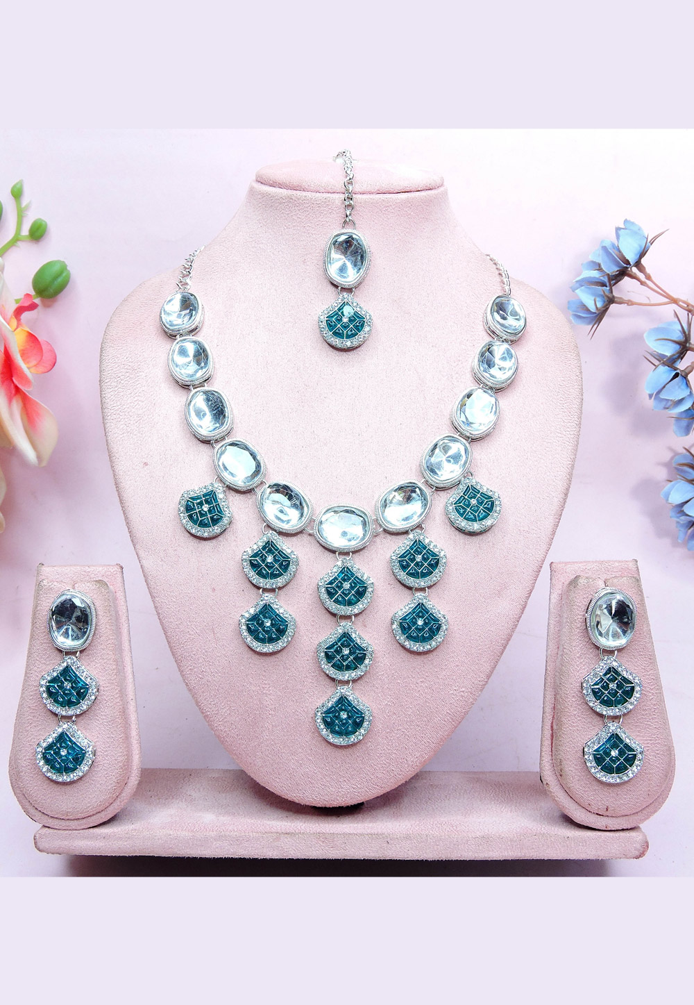Teal Alloy Necklace Set With Earrings and Maang Tikka 312446