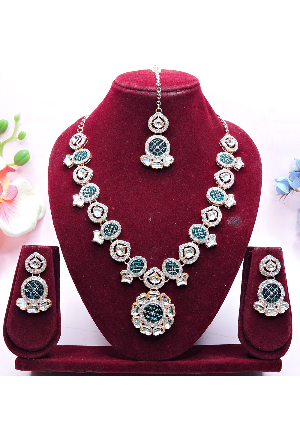 Teal Alloy Necklace Set With Earrings and Maang Tikka 312748