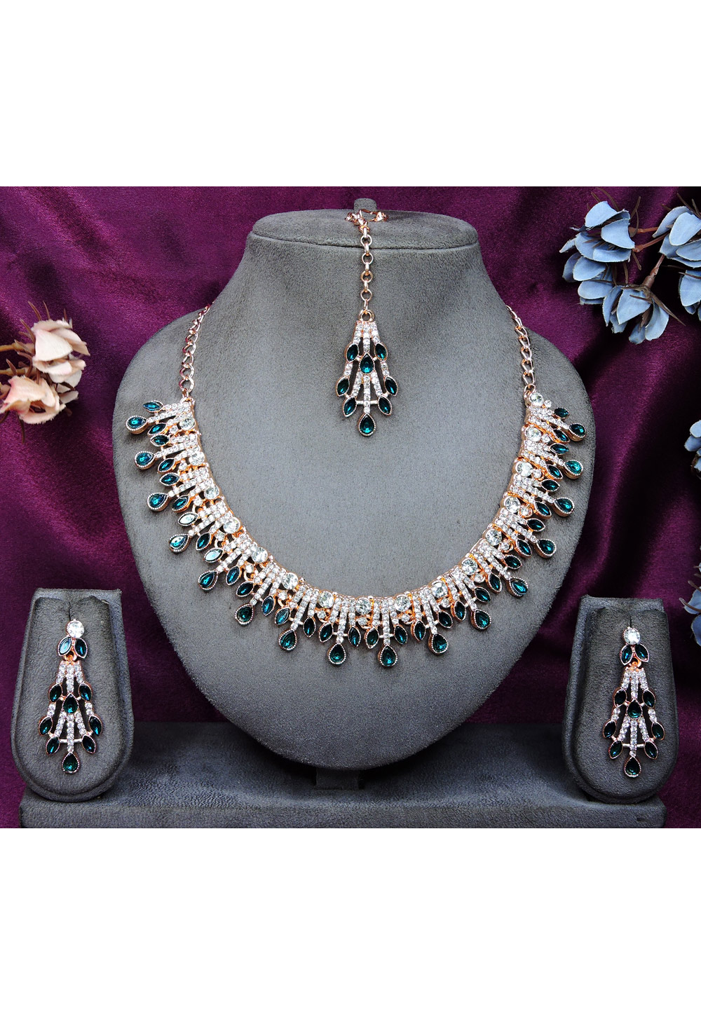 Teal Alloy Necklace Set With Earrings and Maang Tikka 328438
