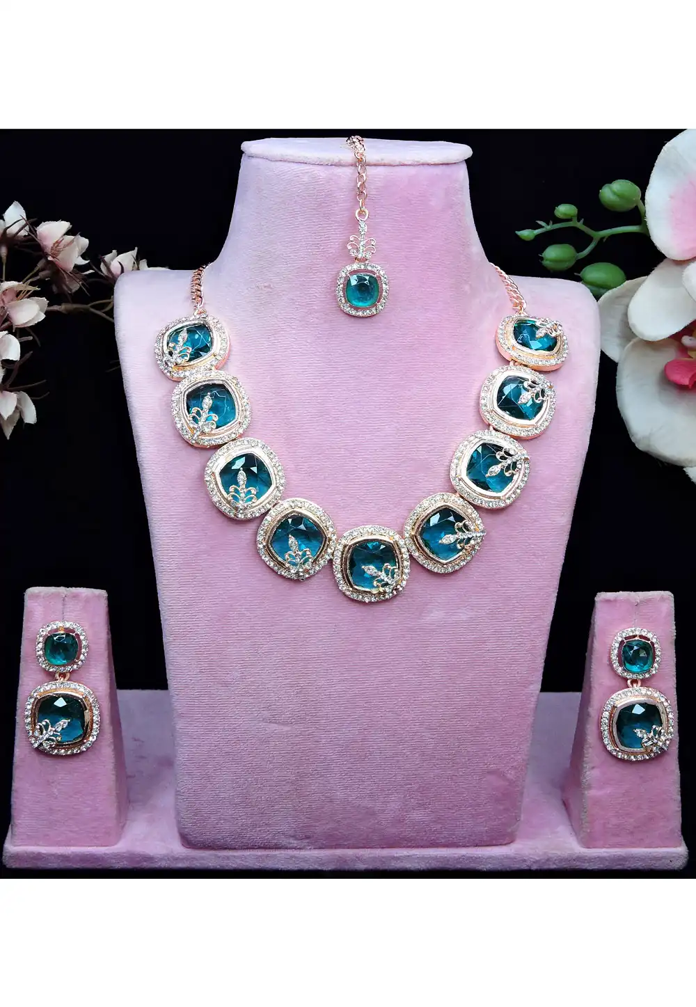 Teal Alloy Necklace Set With Earrings and Maang Tikka 329862
