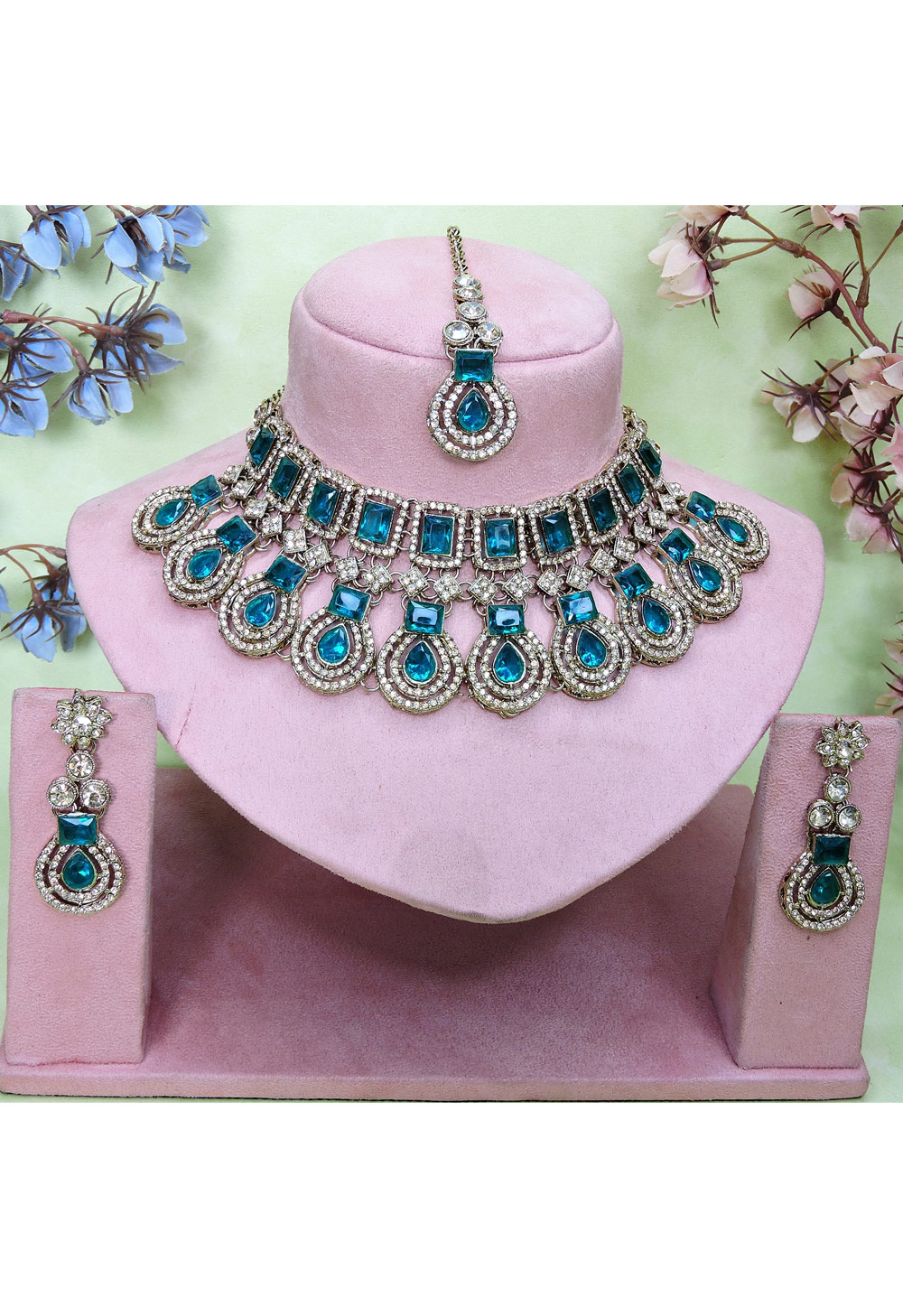 Teal Alloy Necklace Set With Earrings and Maang Tikka 329438