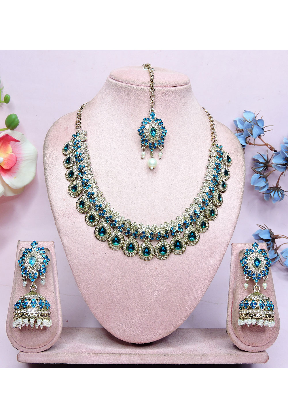 Teal Alloy Necklace Set With Earrings and Maang Tikka 330231