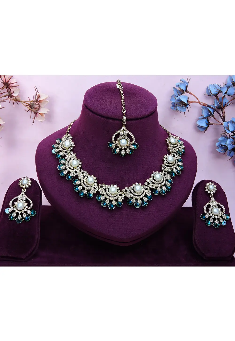 Teal Alloy Necklace Set With Earrings and Maang Tikka 332151