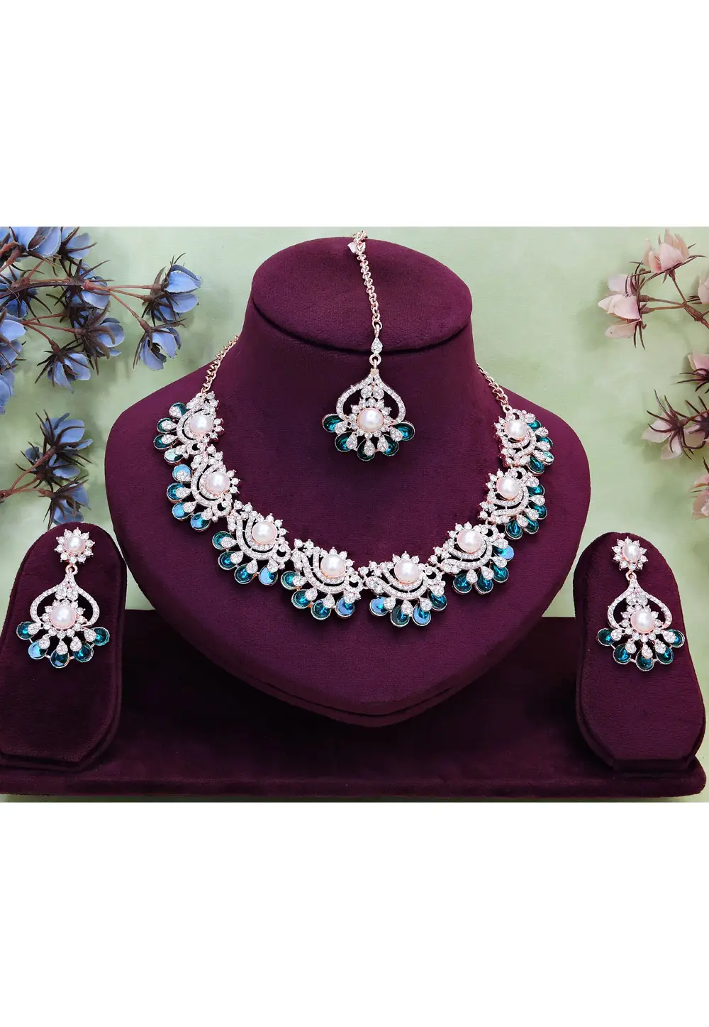 Teal Alloy Necklace Set With Earrings and Maang Tikka 332163