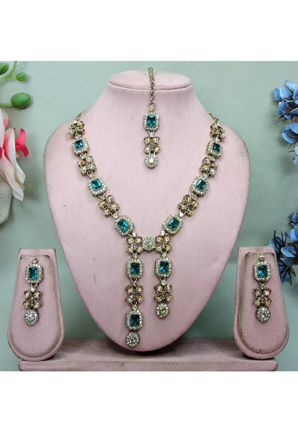 Teal Alloy Necklace Set With Earrings and Maang Tikka 336136