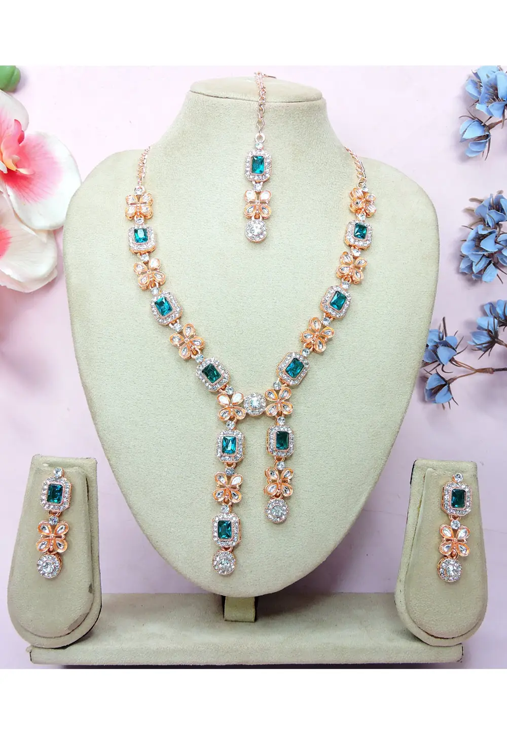 Teal Alloy Necklace Set With Earrings and Maang Tikka 336147