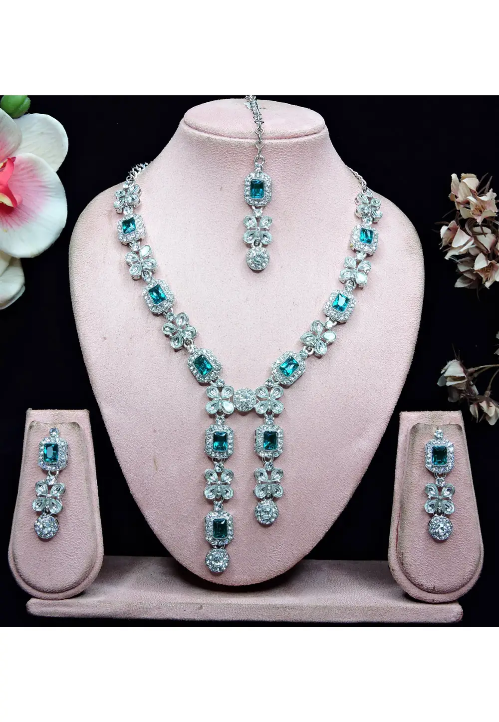 Teal Alloy Necklace Set With Earrings and Maang Tikka 336159