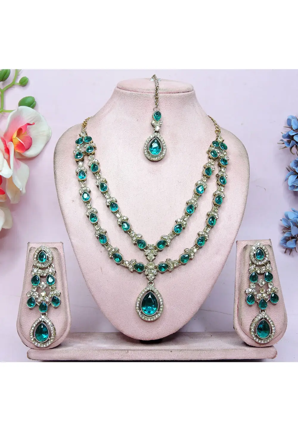 Teal Alloy Necklace Set With Earrings and Maang Tikka 336718