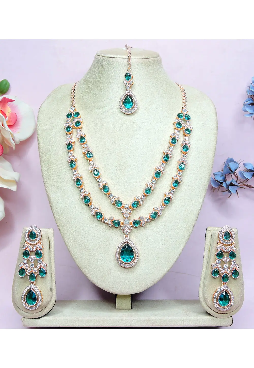 Teal Alloy Necklace Set With Earrings and Maang Tikka 336730