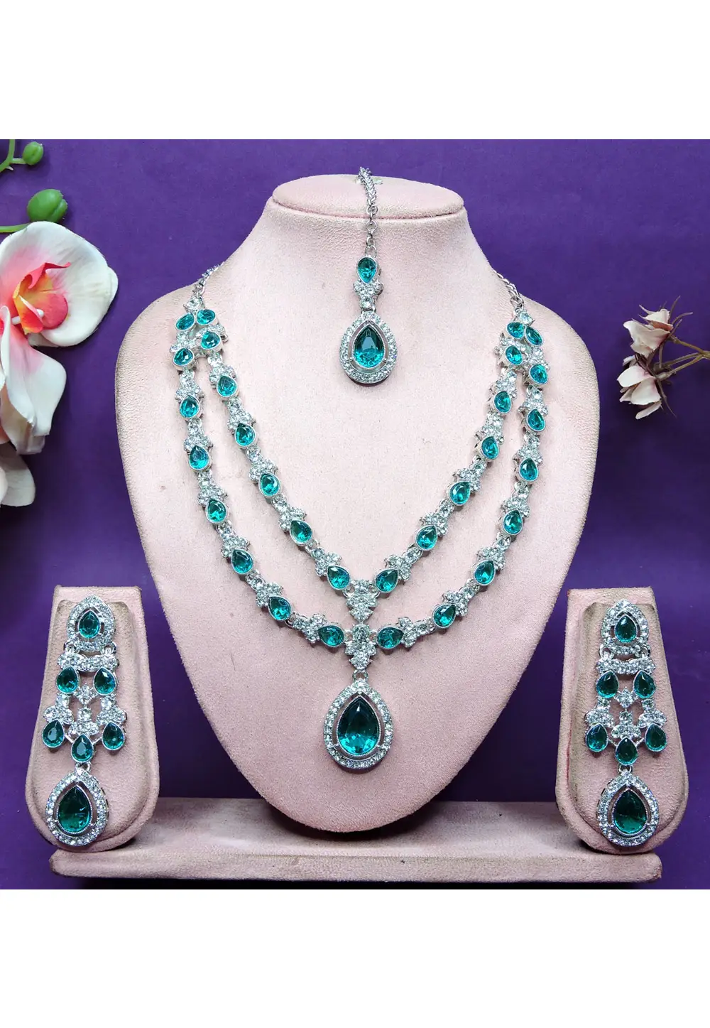 Teal Alloy Necklace Set With Earrings and Maang Tikka 336742