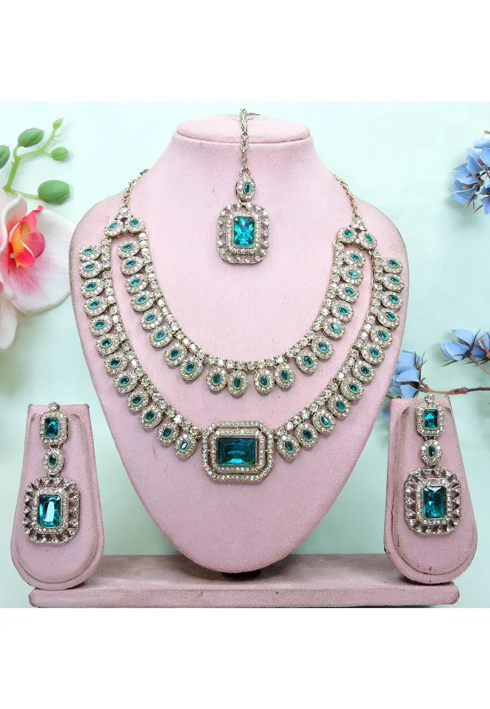 Teal Alloy Necklace Set With Earrings and Maang Tikka 336840