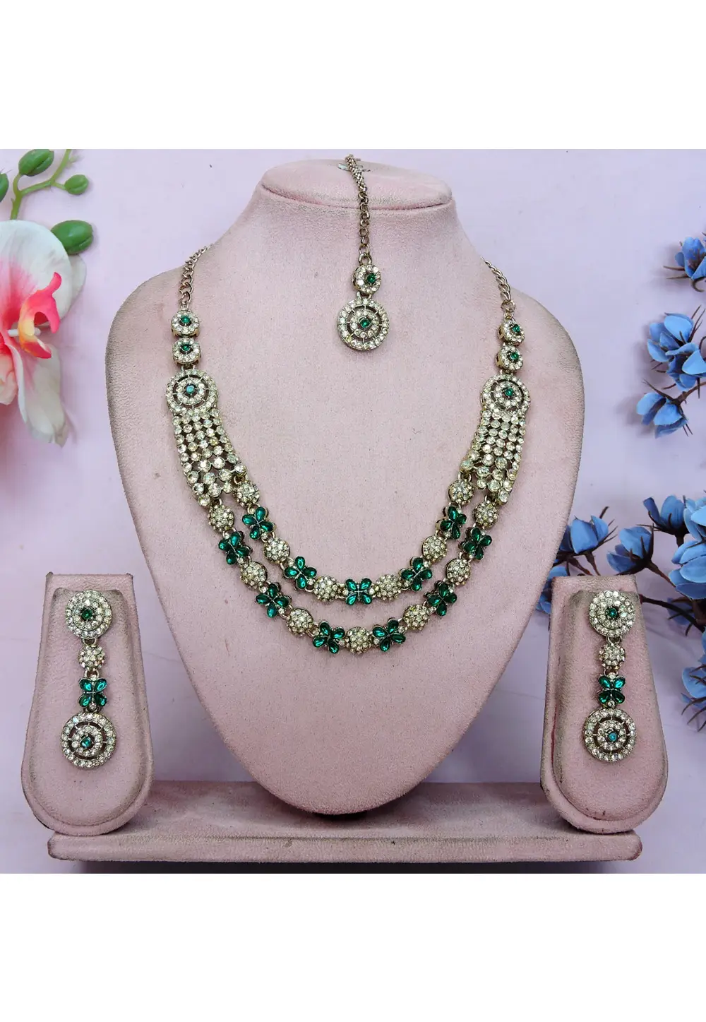 Teal Alloy Necklace Set With Earrings and Maang Tikka 337073