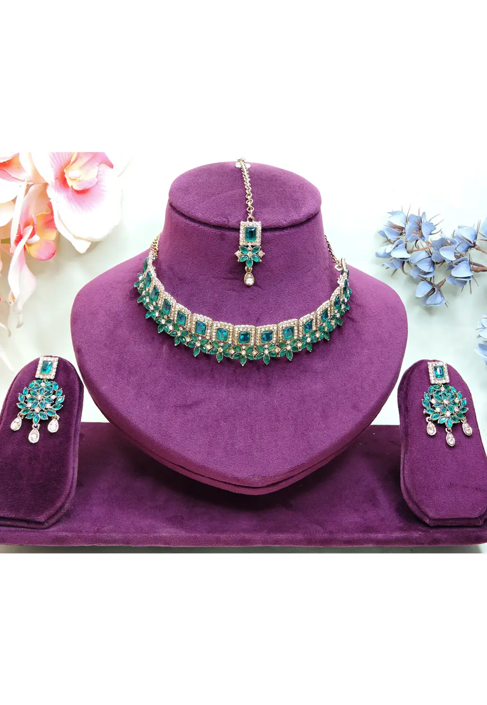 Teal Alloy Necklace Set With Earrings and Maang Tikka 337086
