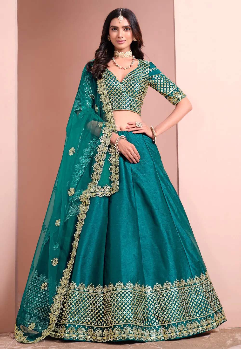 Teal Art Silk A Line Lehenga Choli 304231