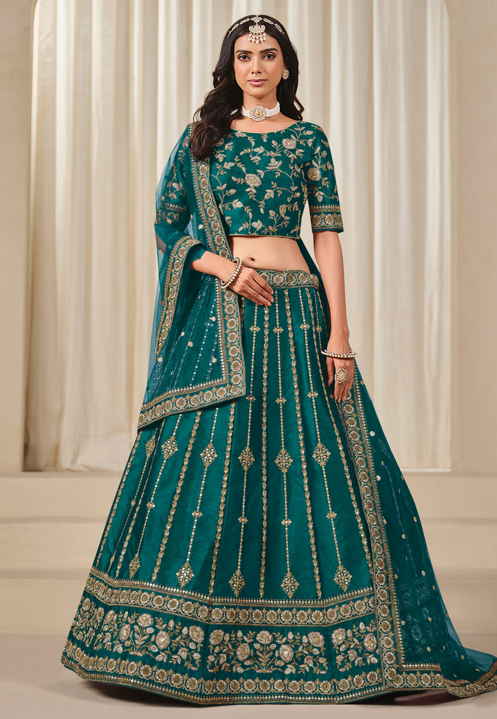 Teal Art Silk A Line Lehenga Choli 312224