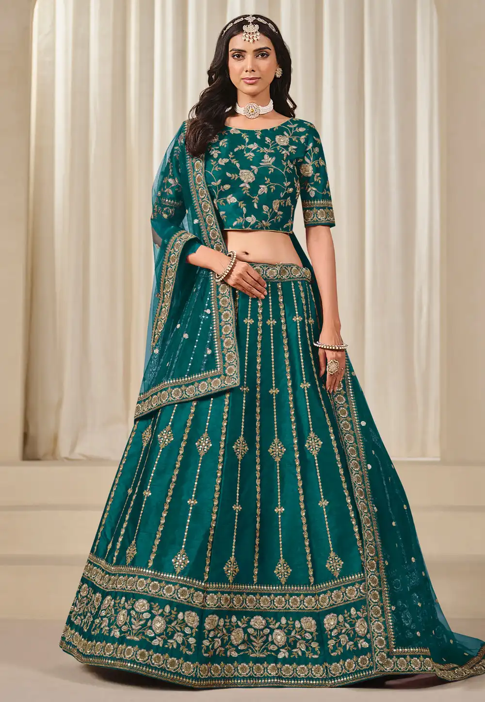 Teal Art Silk A Line Lehenga Choli 312224