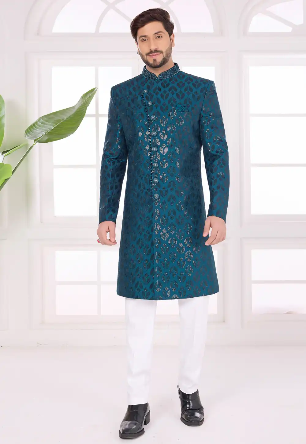 Teal Art Silk Achkan Style Sherwani 327065