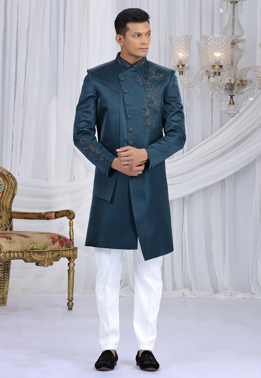 Teal Art Silk Indo Western Sherwani 319056