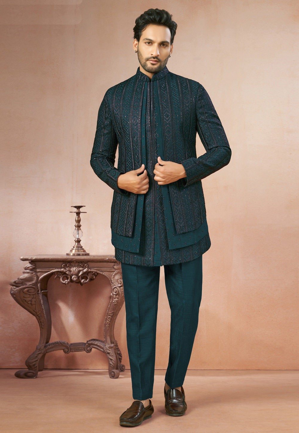 Teal Art Silk Indo Western Suit 325620