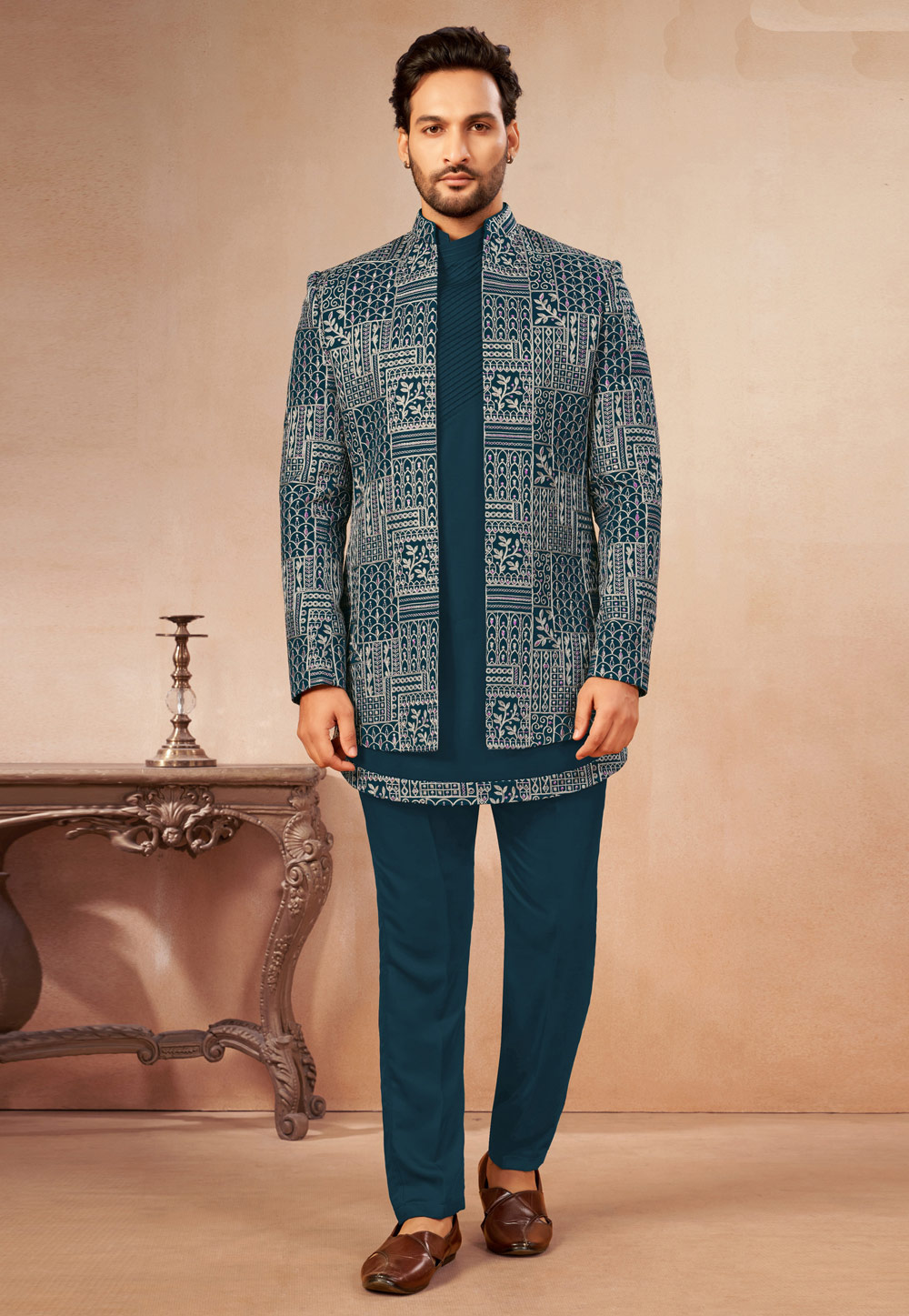 Teal Art Silk Indo Western Suit 325622