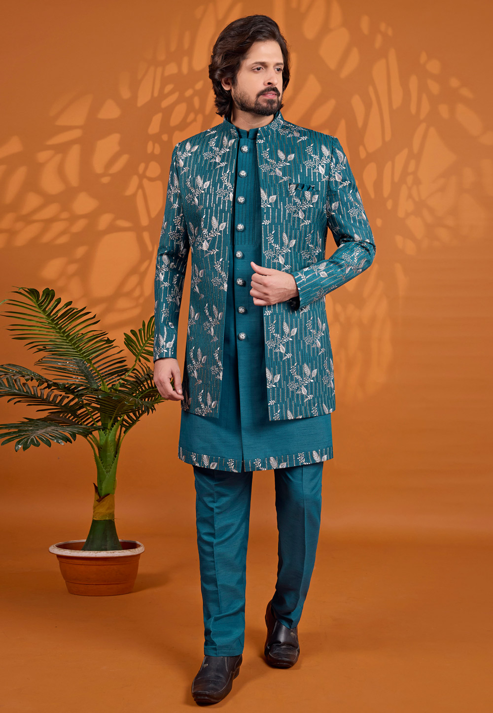 Teal Art Silk Jacket Style Sherwani 330237