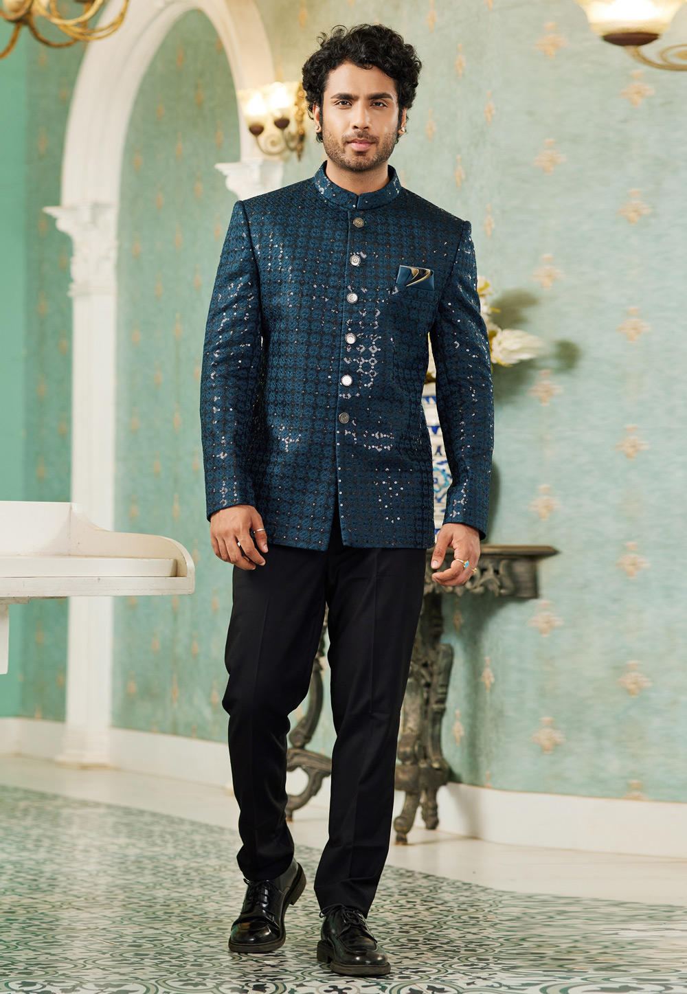 Teal Art Silk Jodhpuri Suit 278295