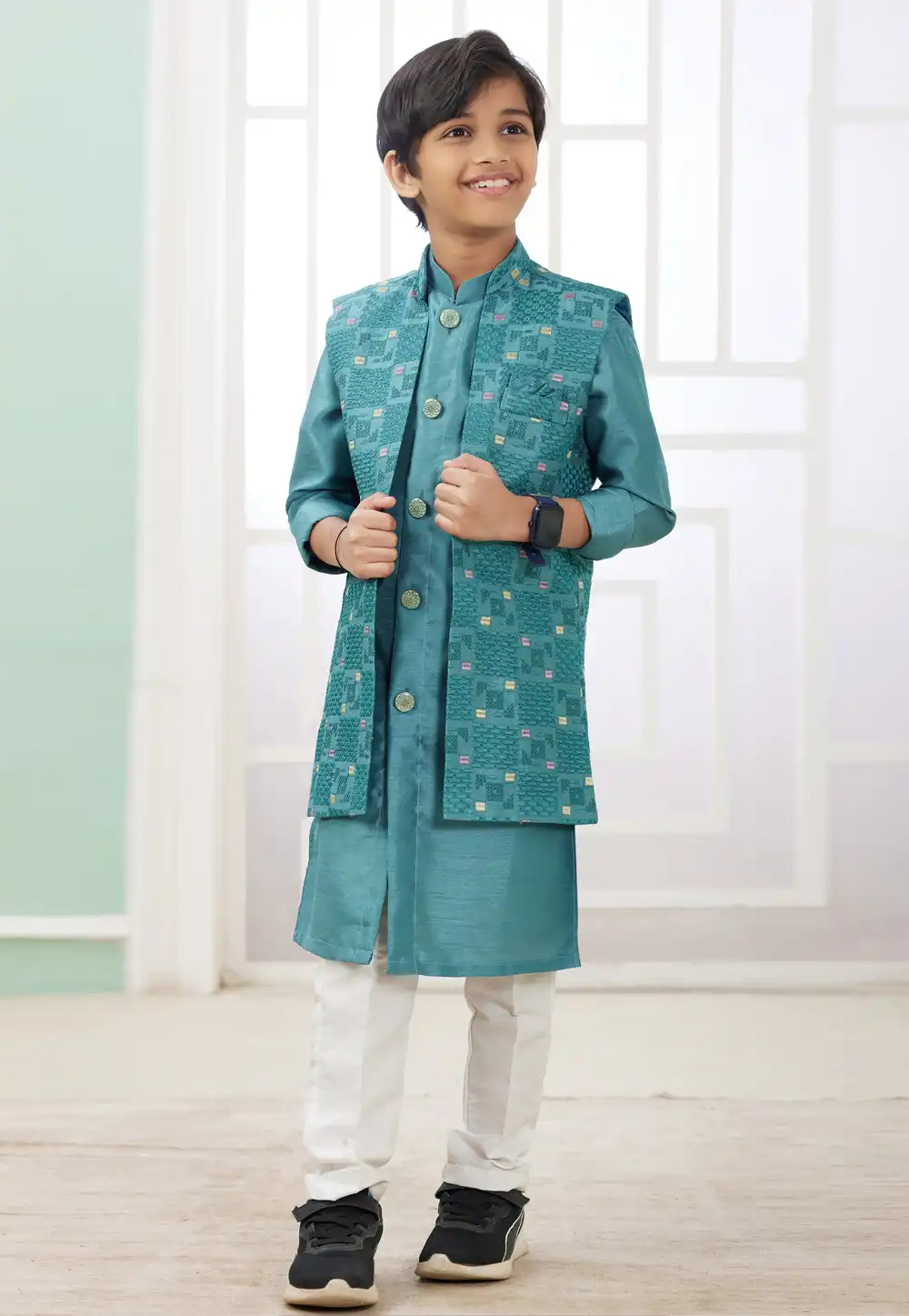Teal Art Silk Kids Indo Western Suit 308576