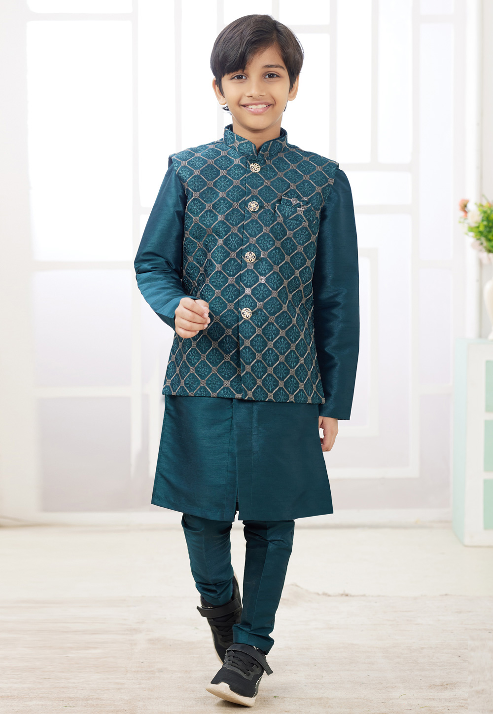 Teal Art Silk Kids Kurta Pajama With Jacket 308585