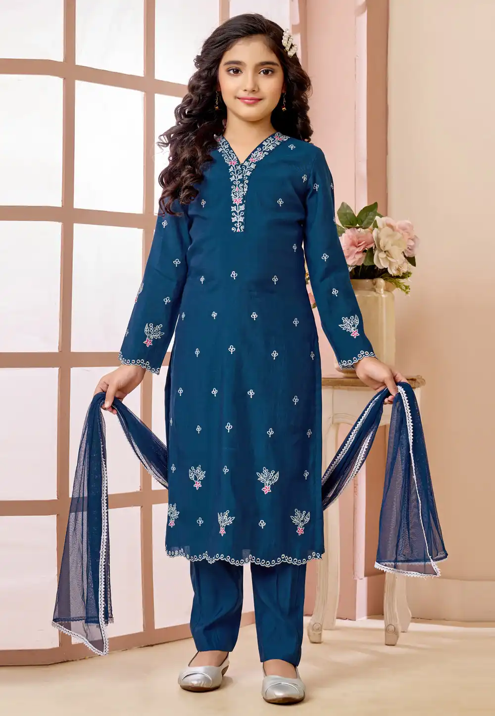 Teal Art Silk Kids Pant Style Suit 325176