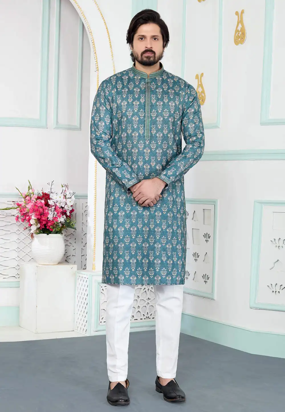 Teal Art Silk Kurta Pajama 323407