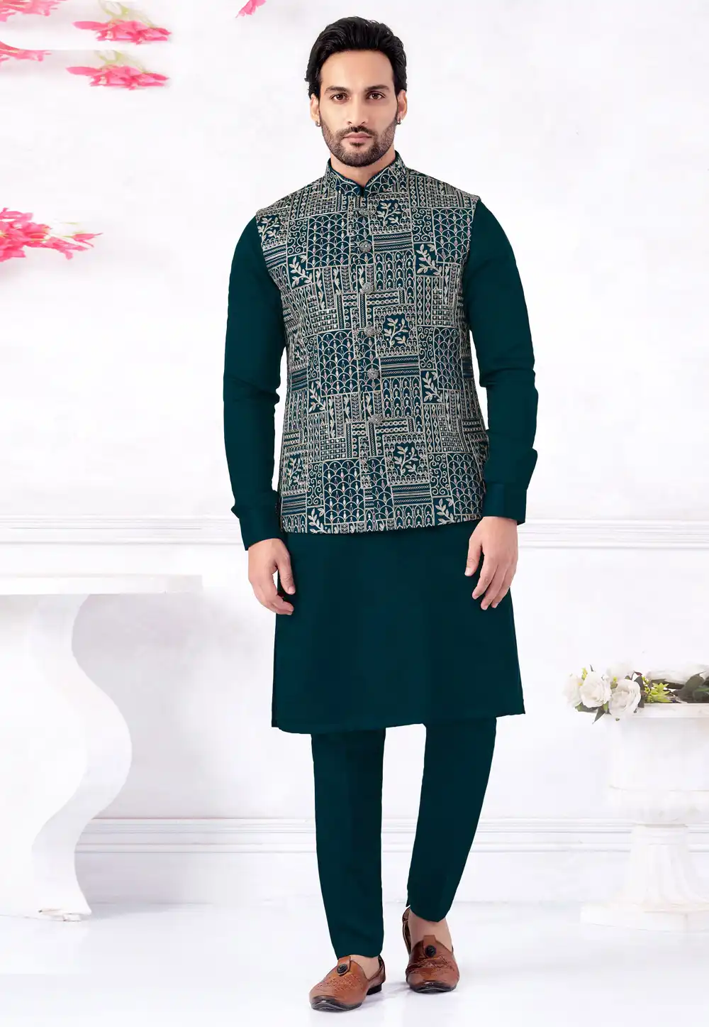 Teal Art Silk Kurta Pajama With Jacket 322312