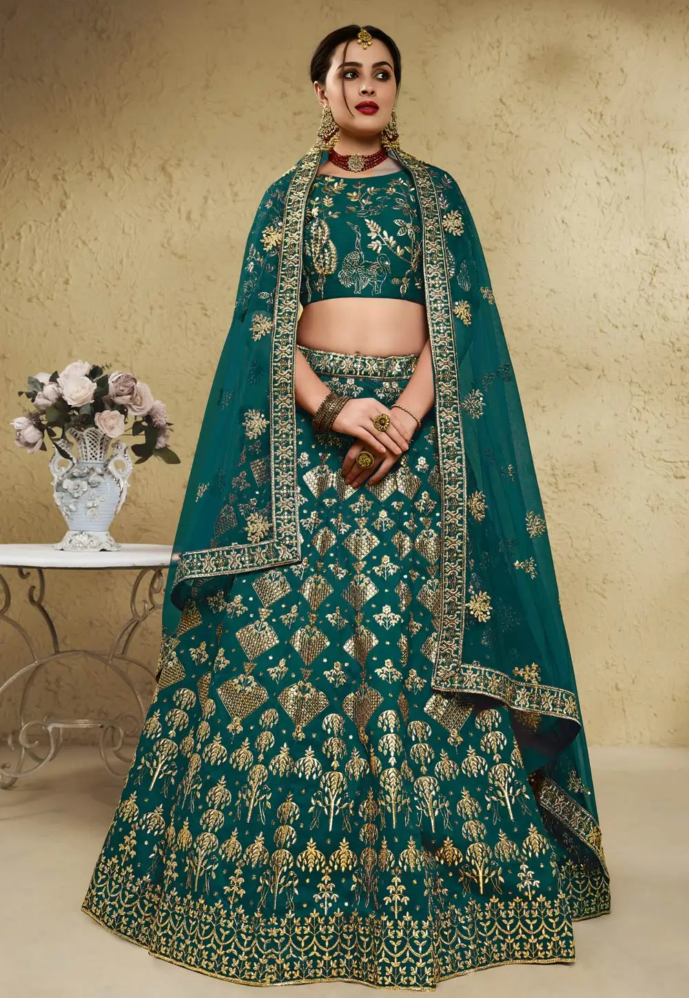 Teal Art Silk Lehenga Choli 335806