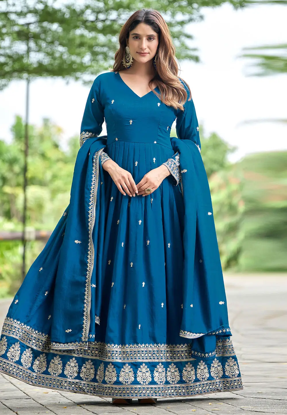 Teal Art Silk Readymade Long Anarkali Suit 334069
