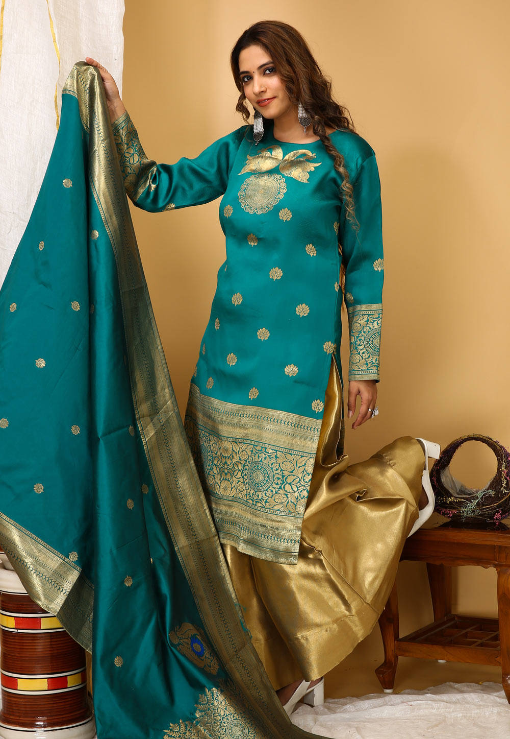 Teal Art Silk Readymade Palazzo Suit 280406