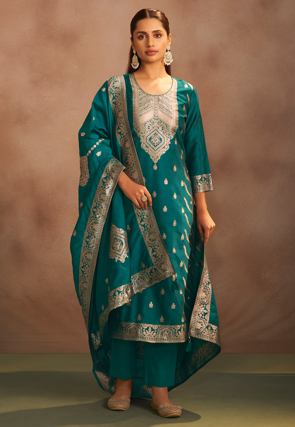 Teal Art Silk Readymade Pant Style Suit 321818