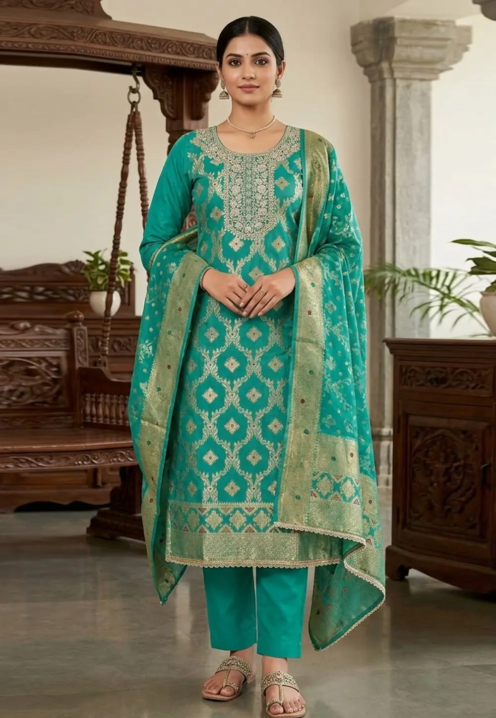Teal Banarasi Cotton Pant Style Suit 335362