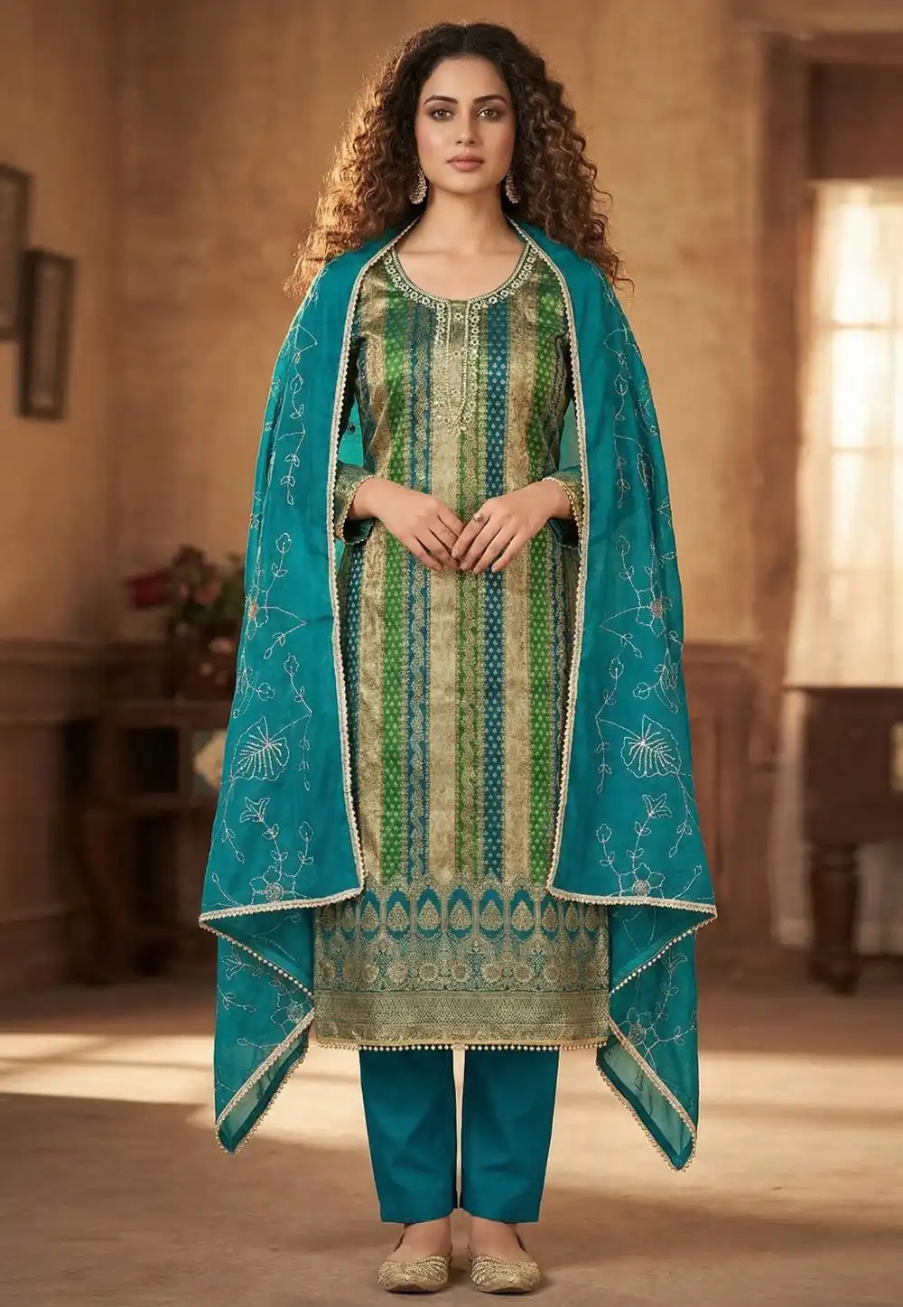 Teal Banarasi Jacquard Pakistani Suit 326107