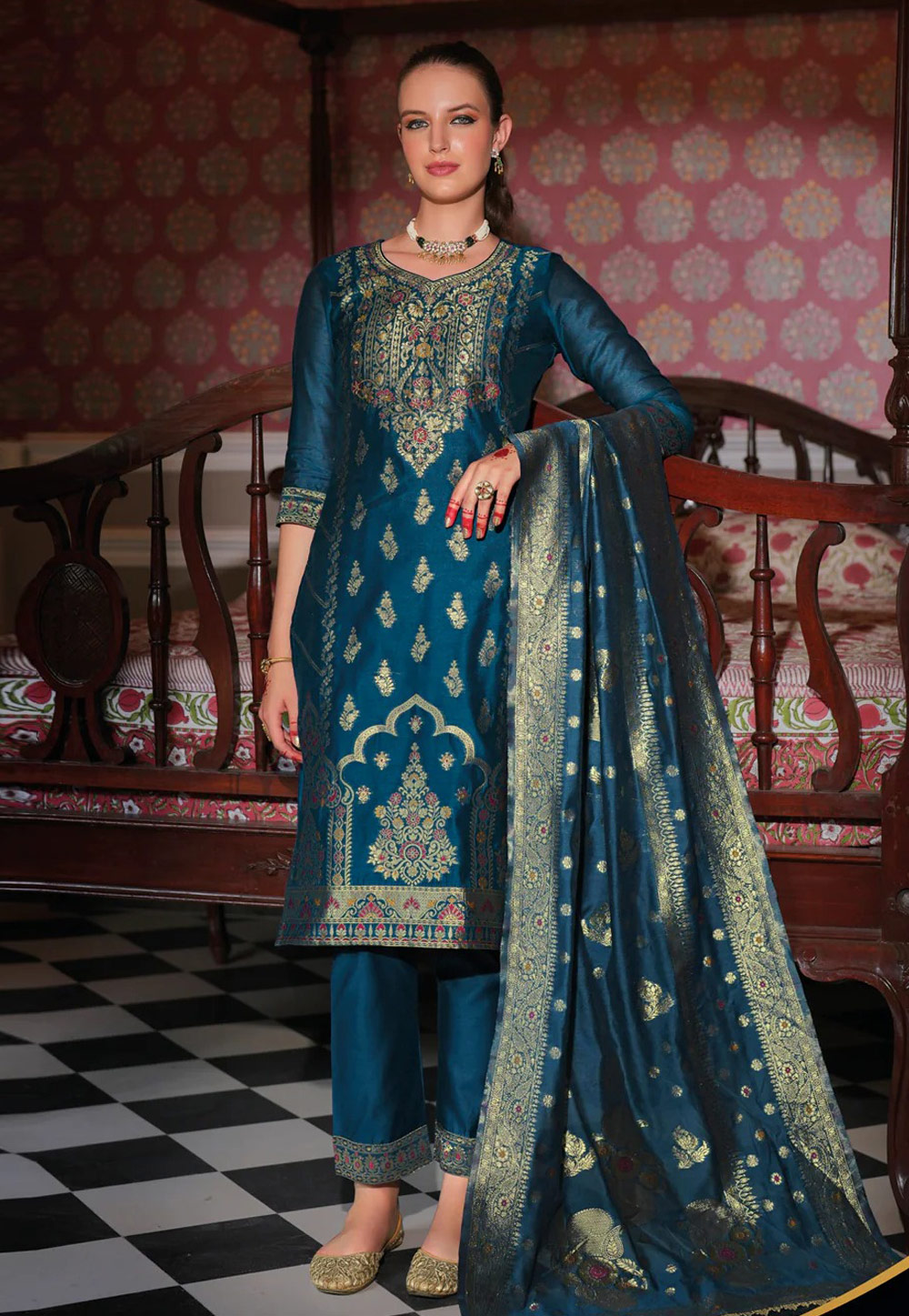Teal Banarasi Jacquard Readymade Pakistani Suit 307095